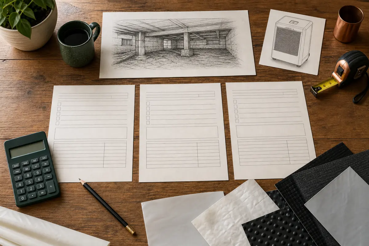 Three blank crawl-space scope sheets beside a site sketch, calculator, tape measure and liner samples.