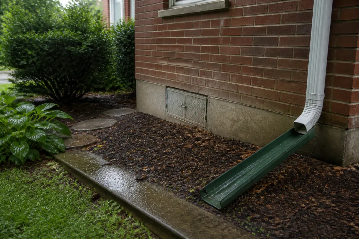 Illustrative Columbus-area foundation after rain with a downspout extension carrying roof water away from the wall.