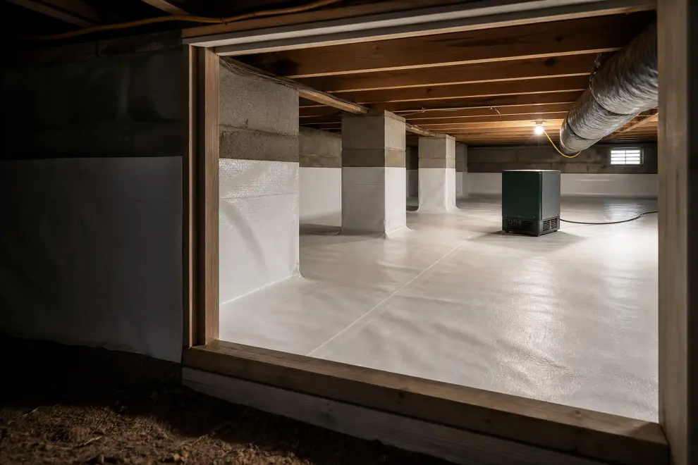 Illustrative sealed crawl space with a continuous white liner, sealed piers and a dehumidifier